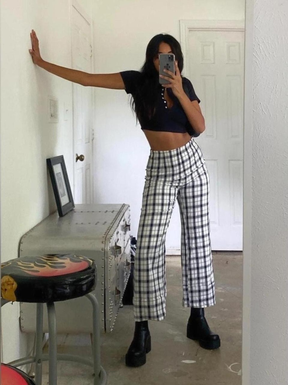 Princess Polly Black & White Plaid Wide Leg Pants